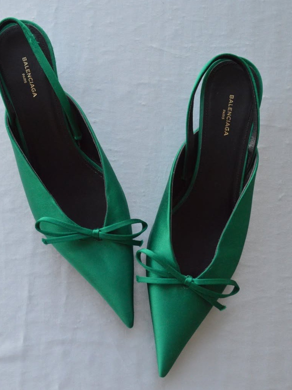 Balenciaga Emerald Satin Pointed Slingback Flats with Bow